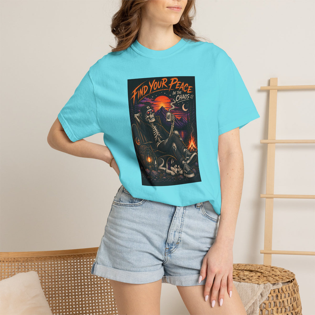 Find Your Peace in the Chaos Unisex T-Shirt | Skeleton Camping Graphic Tee