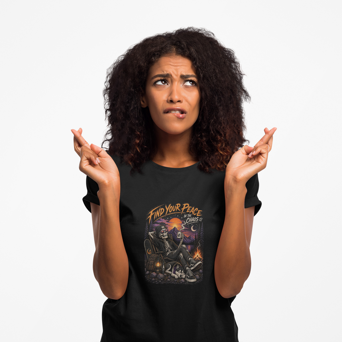 Find Your Peace in the Chaos Unisex T-Shirt | Skeleton Camping Graphic Tee